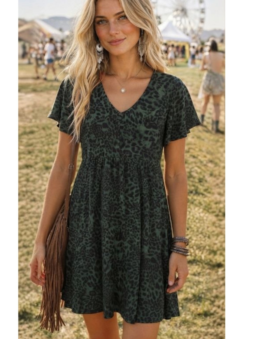 Lark & Ro Forest Green Leopard V-Neck Midi Dress SKU 237